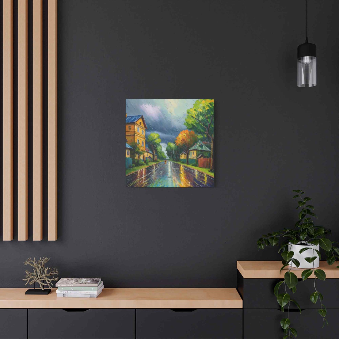 Rainy Village Street Canvas, Matte Oil Paint Print 20x20, 24x24, 30x30, 32x32, 36x36, Art Design Print Non-Frame MC-1