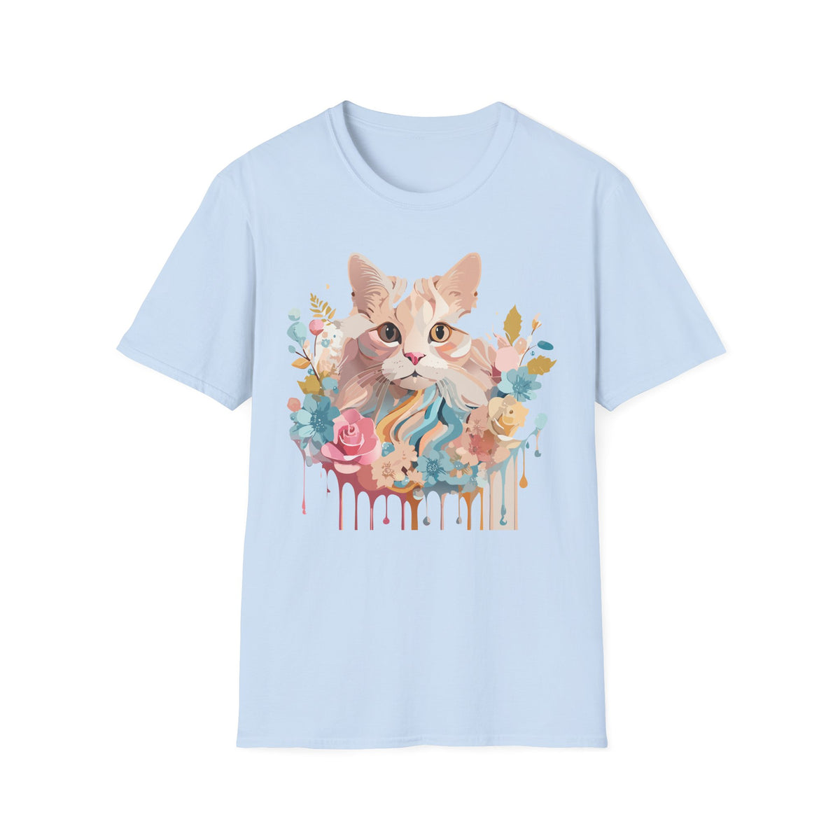 Pastel Floral Cat Portrait T-Shirt | Watercolor Kitten Tee