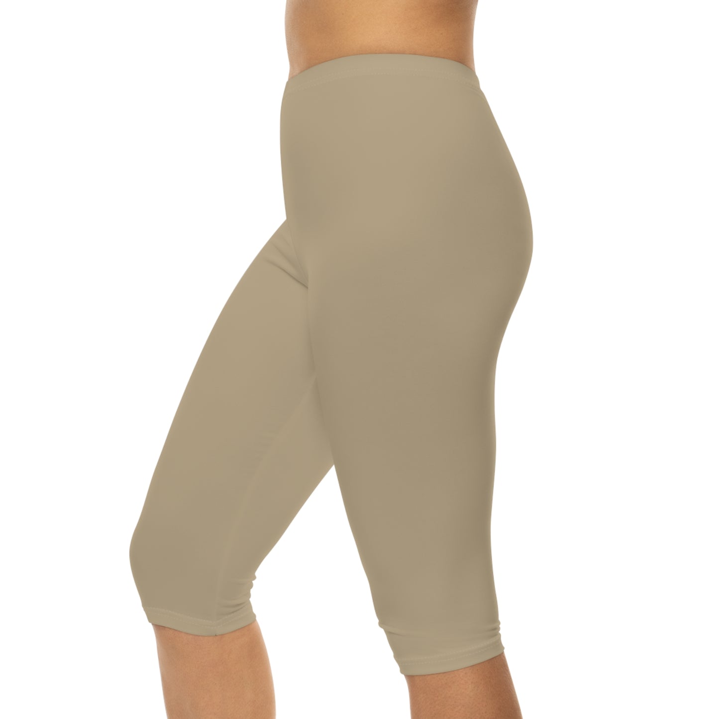 Khaki Beige Color Women's Brushed Suede Poly Span Casual Capri Leggings XS-2XL
