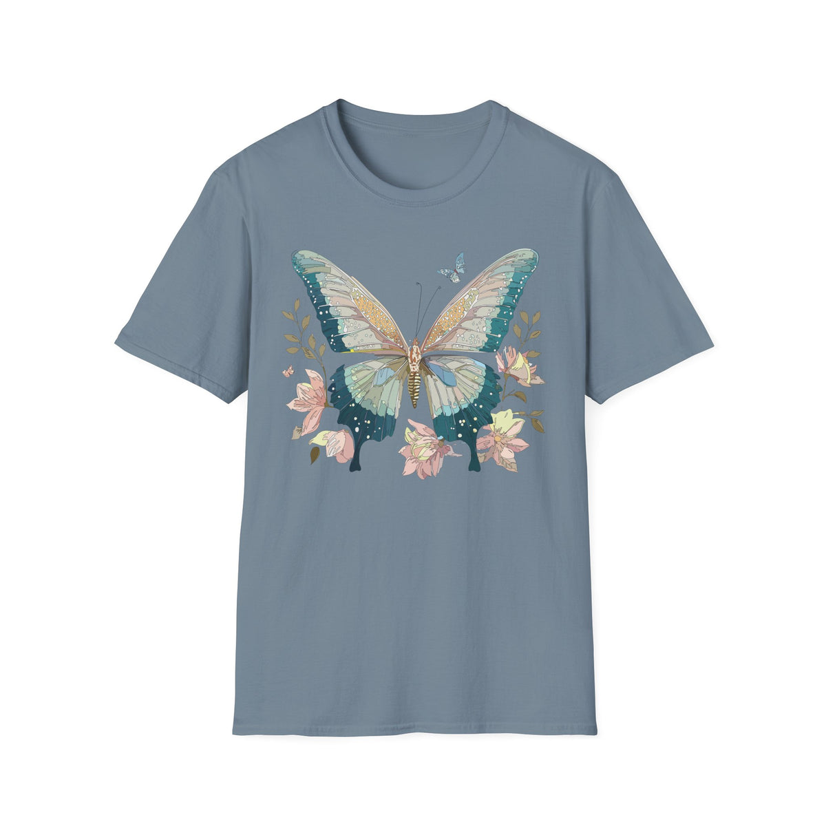 Vintage Blue Butterfly T-Shirt | Floral Wings Nature Graphic Tee Unisex 100 Cotton Gildan T-Shirt