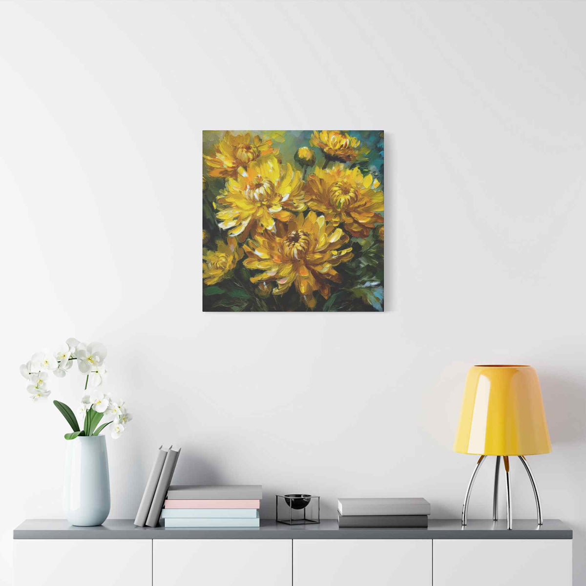 Chrysanthemums Print Canvas, Floral Oil Paint Print 20x20, 24x24, 30x30, 32x32, 36x36 Art Design Pine-Wood Inner Frame MC-162