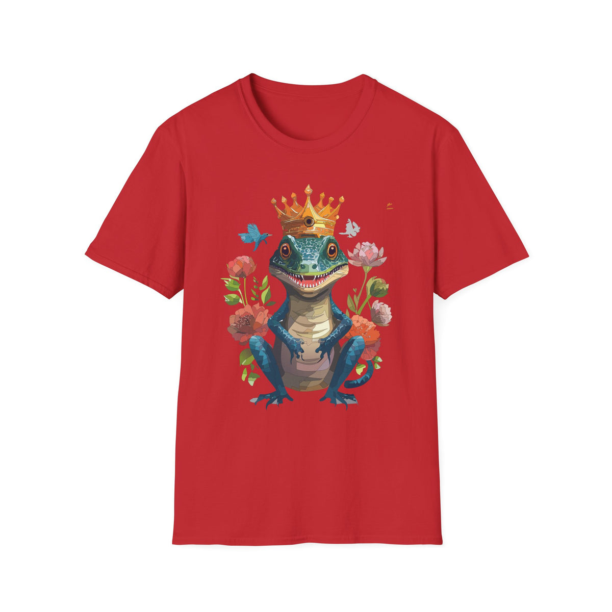 Crowned Lizard Illustration T-Shirt | Regal Gecko with Flowers