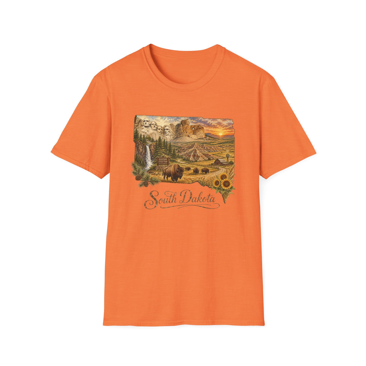 South Dakota Scenic T-Shirt — State Landscape Sunset Travel Tourist Graphic Design Unisex 100 Cotton Gildan T-Shirt