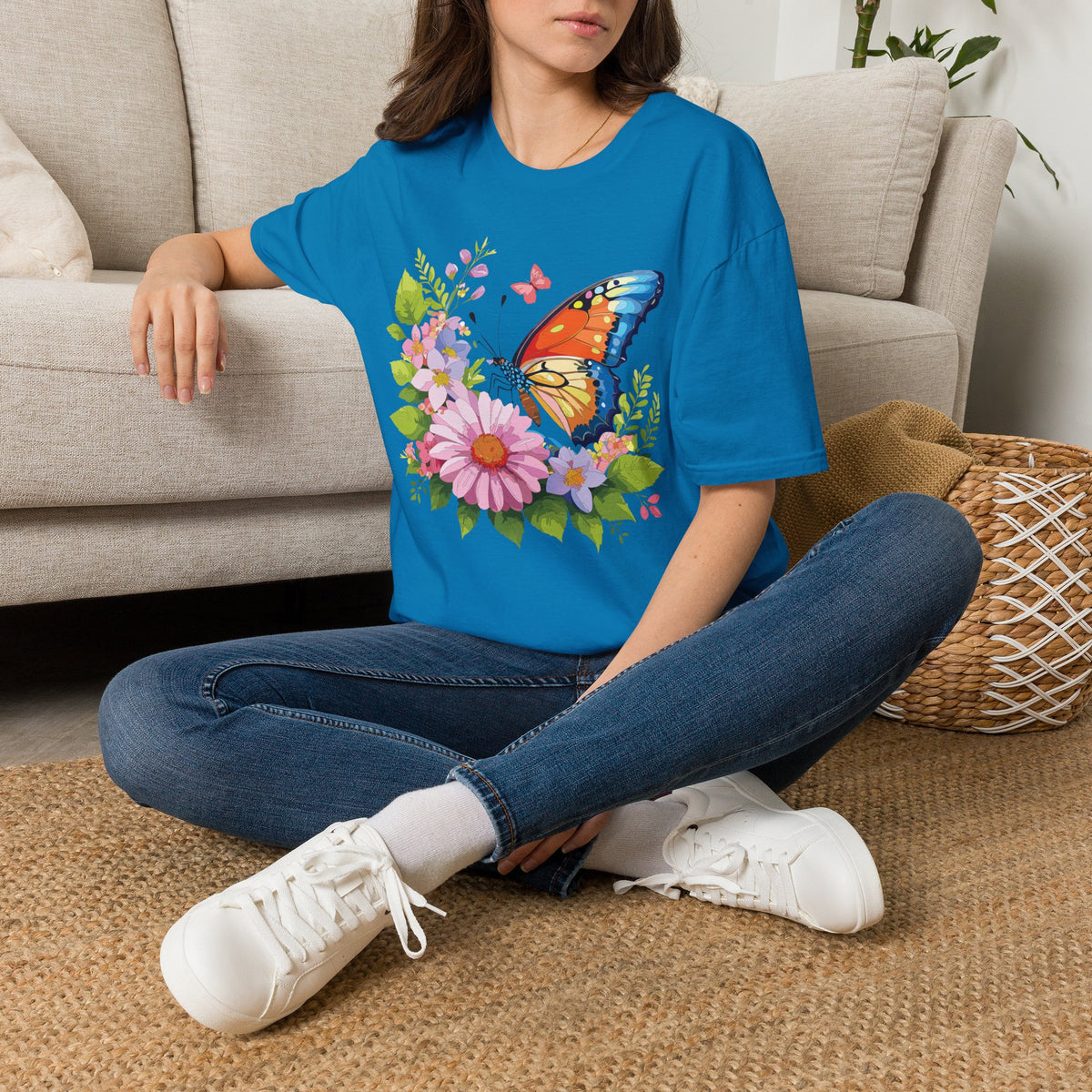 Butterfly Floral T-Shirt — Colorful Monarch & Spring Flowers Graphic Tee Unisex 100 Cotton Gildan T-Shirt