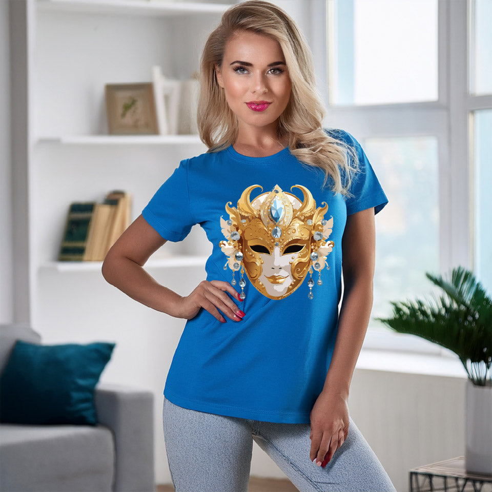 Carnival Mask Graphic T-Shirt Unisex 100 Cotton With Antique Gold Art Design Tee 22