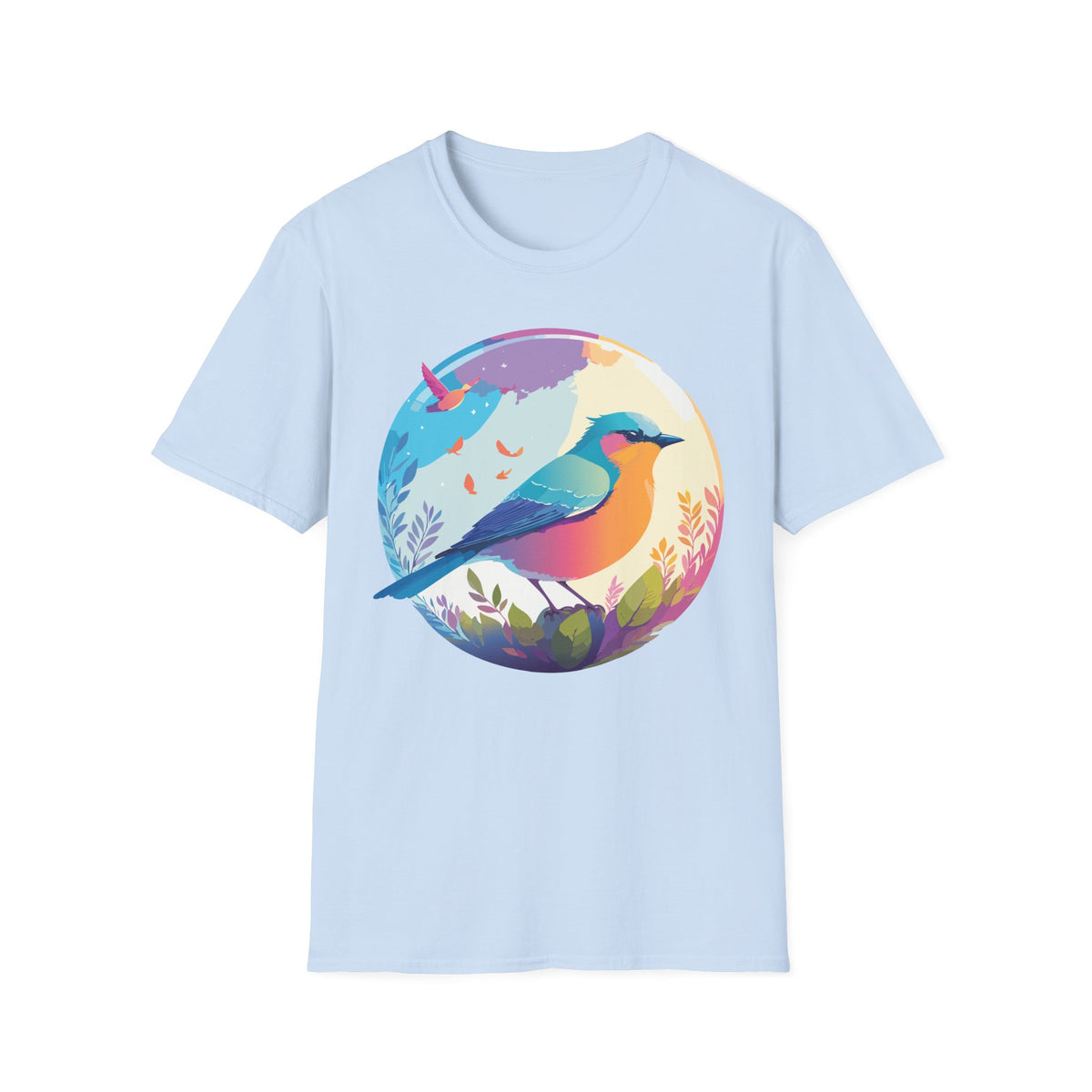 Colorful Bird Illustration T-Shirt | Rainbow Songbird Circle Art