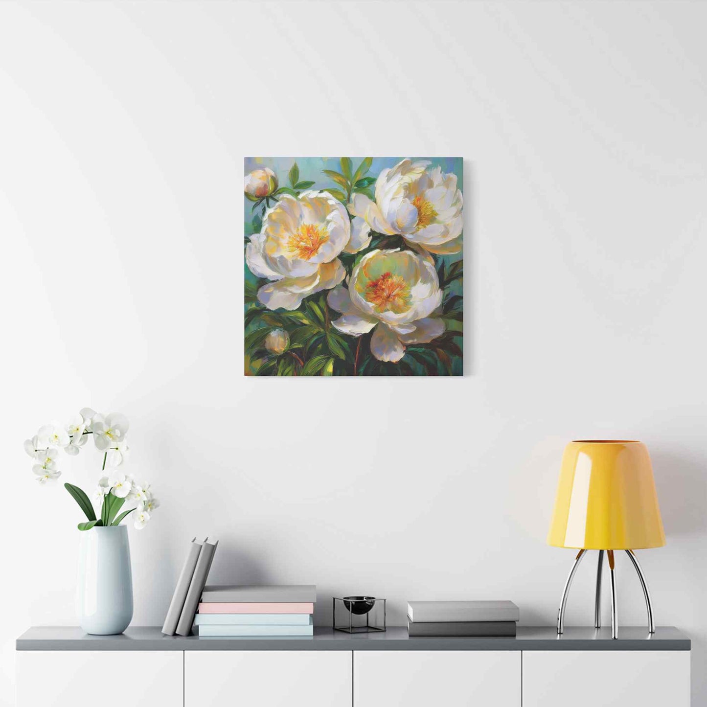 White Peonies Print Canvas, Floral Oil Paint Print 20x20, 24x24, 30x30, 32x32, 36x36 Art Design Pine-Wood Inner Frame MC-117