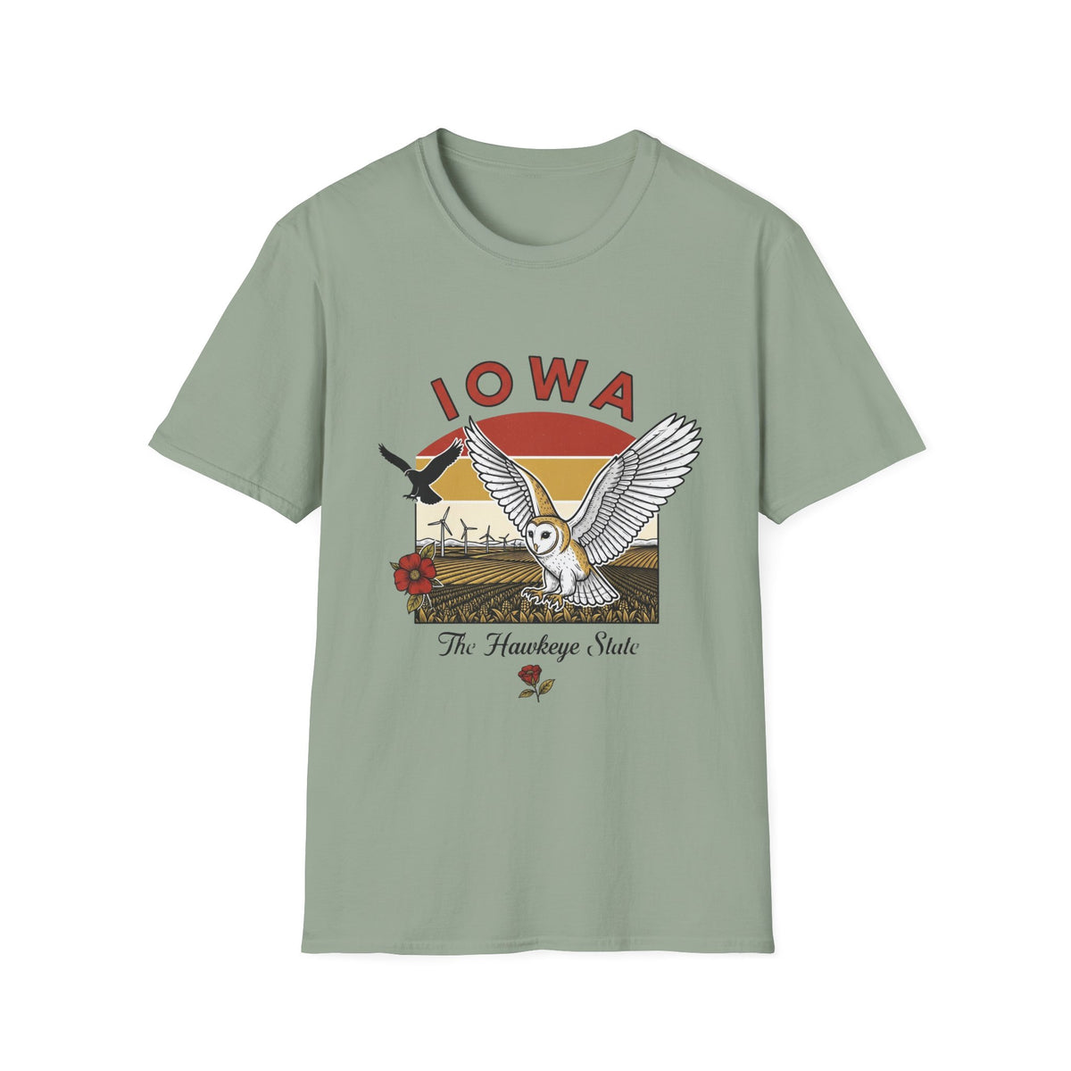 Iowa Barn Owl Tee — The Hawkeye State Vintage Sunset Tee Travel Tourist Graphic Design Unisex 100 Cotton Gildan T-Shirt