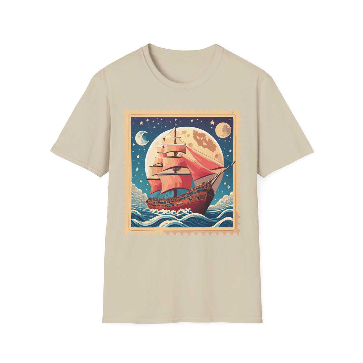 Vintage Sailing Ship Stamp T-Shirt | Moonlit Ocean Illustration