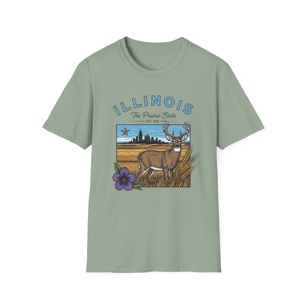 Illinois Deer State T-Shirt — The Prairie State Travel Tourist Graphic Design Unisex 100 Cotton Gildan T-Shirt