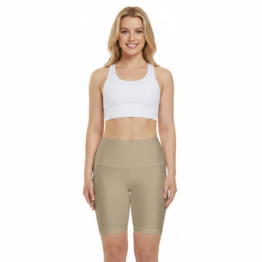 Khaki Beige High-Waist Women's Workout Shorts – Biker Fitness Shorts for Yoga & Running