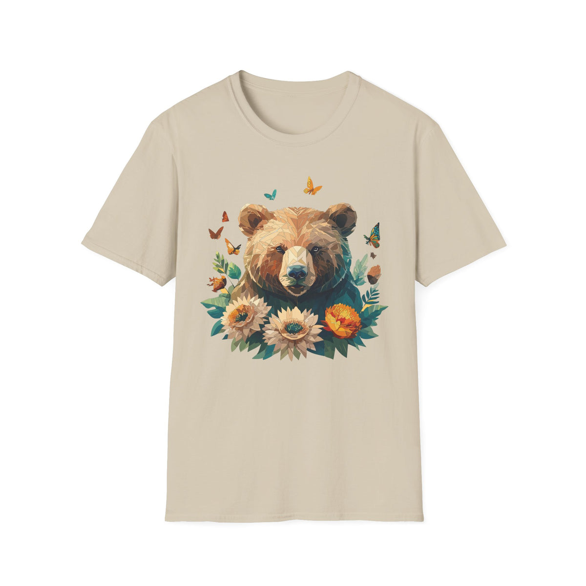Floral Bear Illustration T-Shirt | Bear with Sunflowers and Butterflies