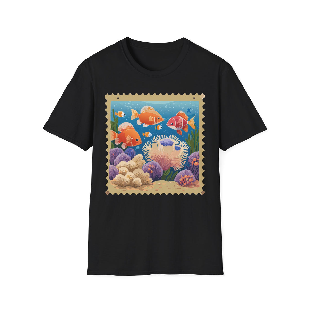 Goldfish Aquarium Illustration T-Shirt | Underwater Coral Reef Stamp Graphic Tee Unisex 100 Cotton Gildan T-Shirt