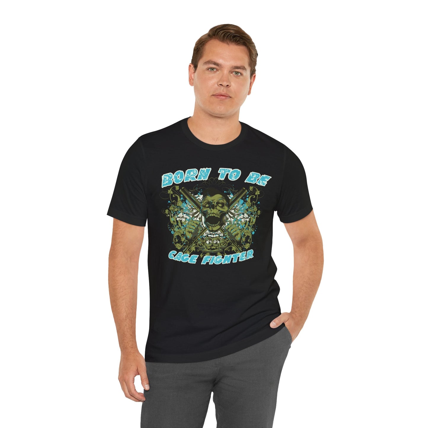 Born To Be Cage Fighter Tee Skull Crossed Knives Graphic T-Shirt