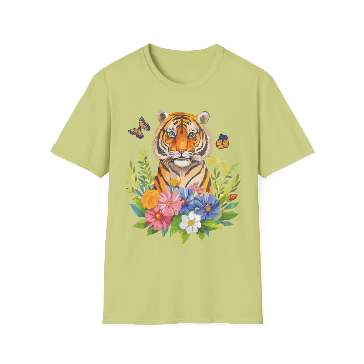 Tiger Portrait T-Shirt | Watercolor Tiger with Butterflies and Floral Accents