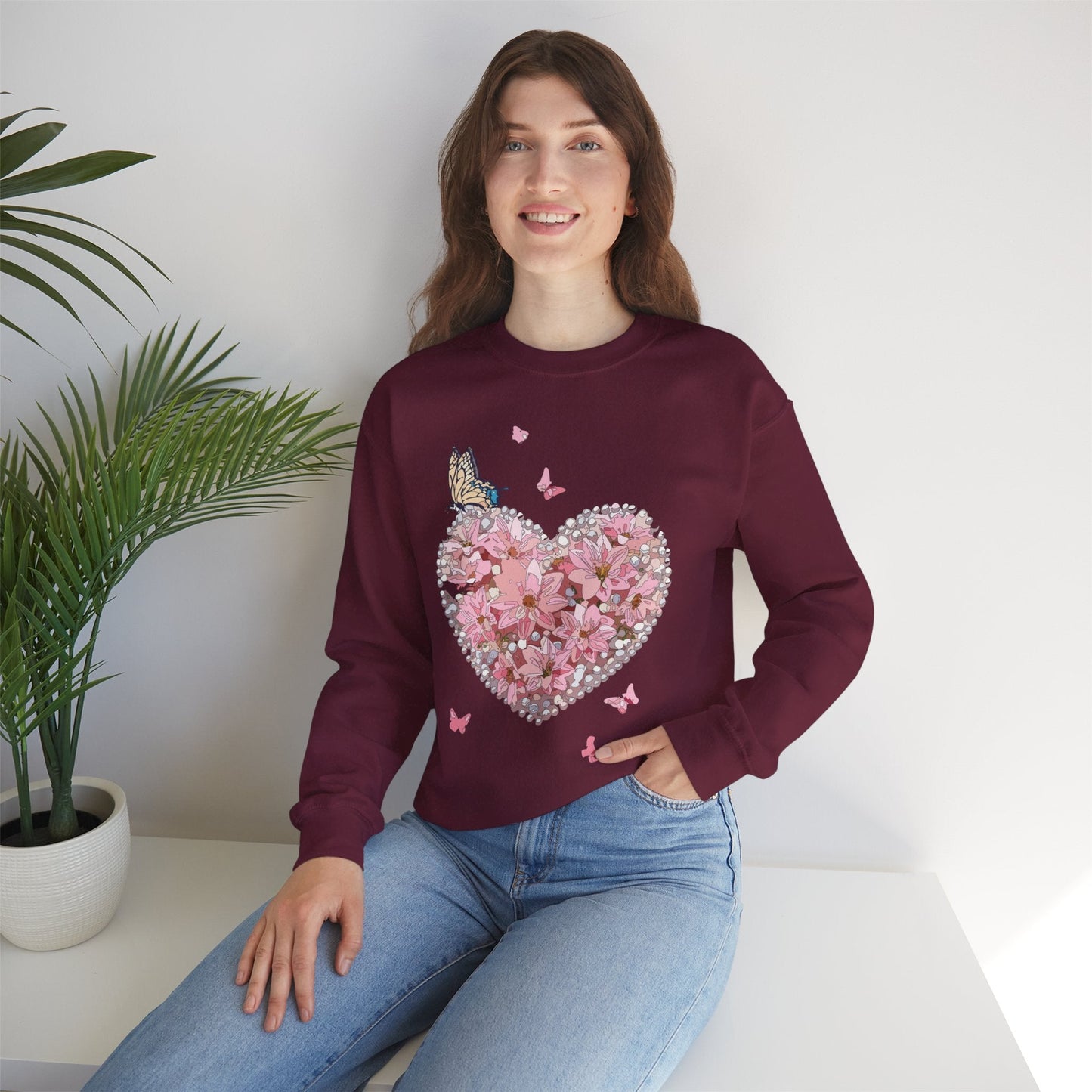 Unisex Floral Heart Sweatshirt with Love Floral Design for Valentines Day Gift Idea