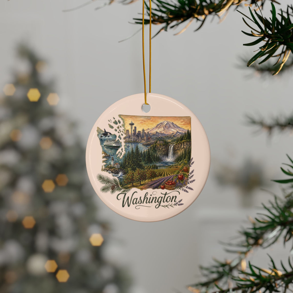 Washington State Scenery Ornament | Ceramic Round Double-Sided Ornament - 2.99" Includes Gold String