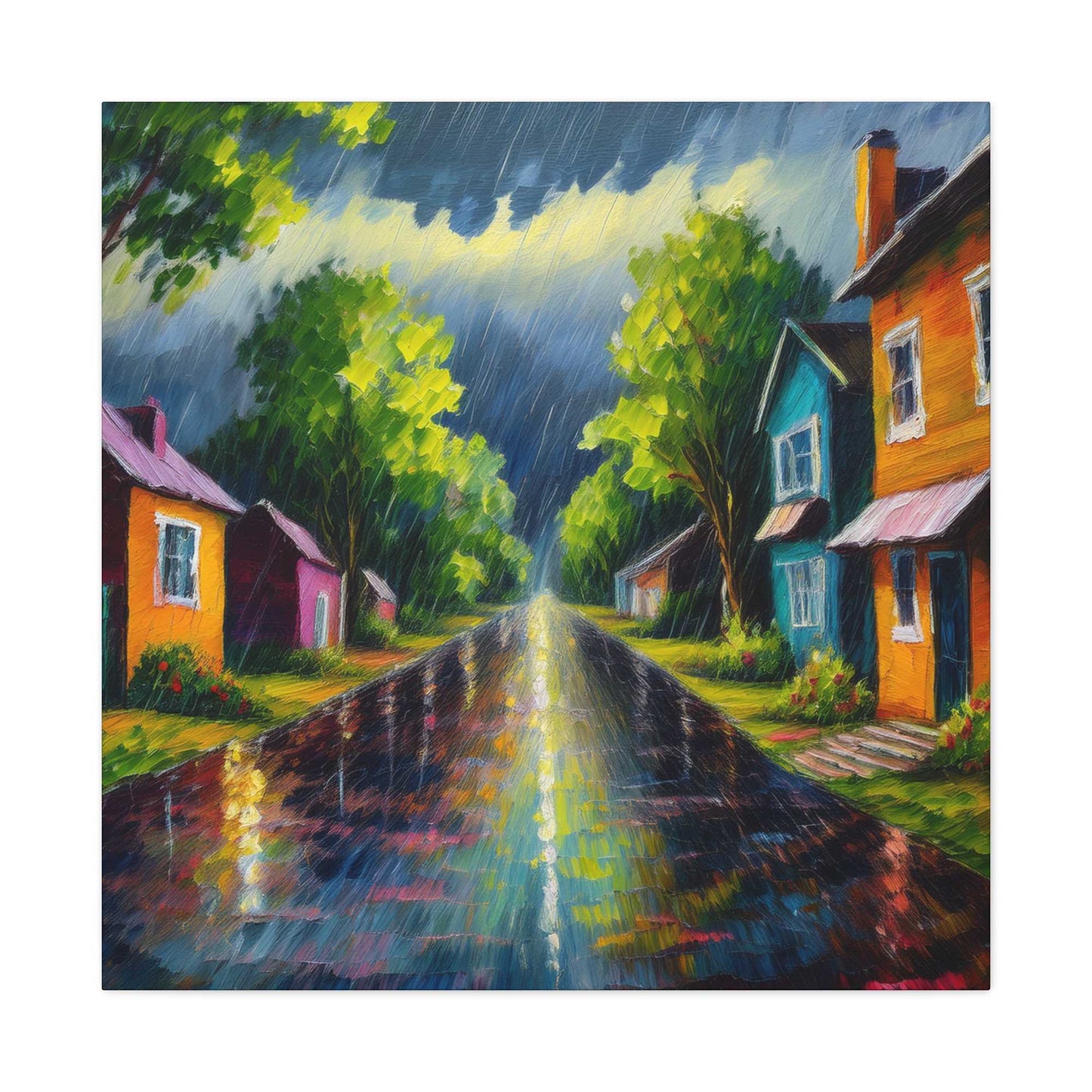 Rainy Village Street Canvas, Matte Oil Paint Print 20x20, 24x24, 30x30, 32x32, 36x36, Art Design Print Non-Frame MC-2