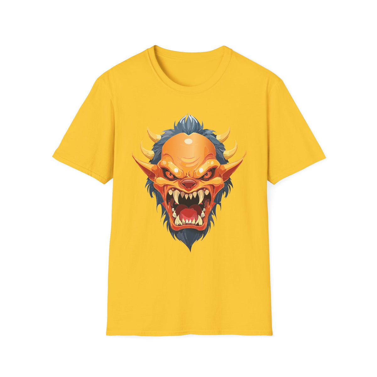 Demonic Oni Mask T-Shirt — Fierce Japanese Demon Face Cartoon Graphic Tee Unisex 100 Cotton Gildan T-Shirt