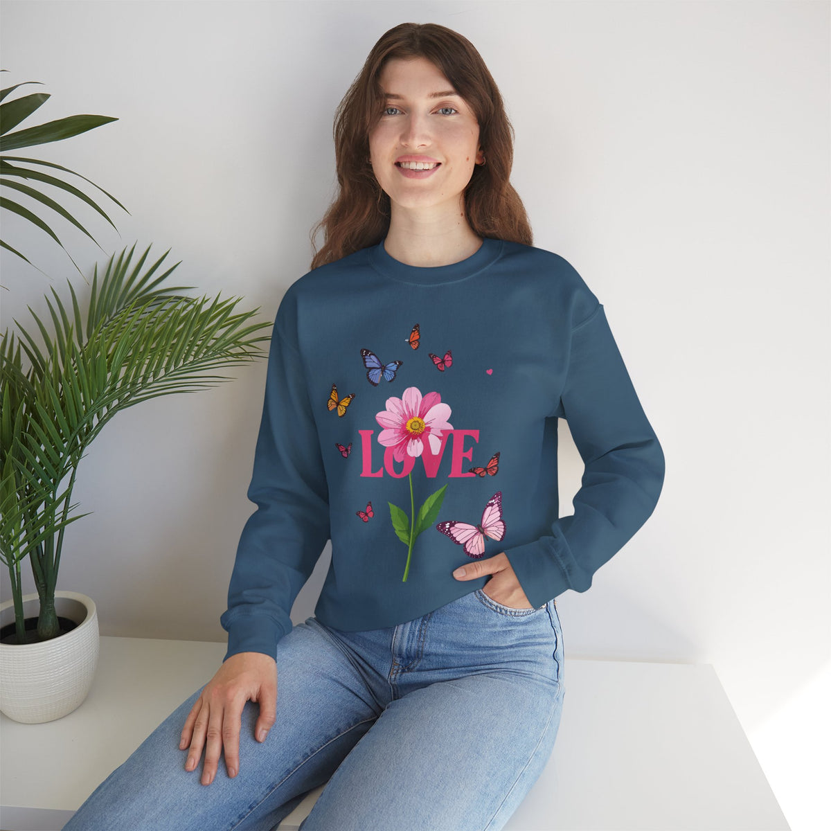 Unisex Floral Love Sweatshirt, Love Floral Sweatshirt, Floral Butterfly Sweatshirt, 50/50 Cotton-Poly Valentine's Day Sweatshirt 01