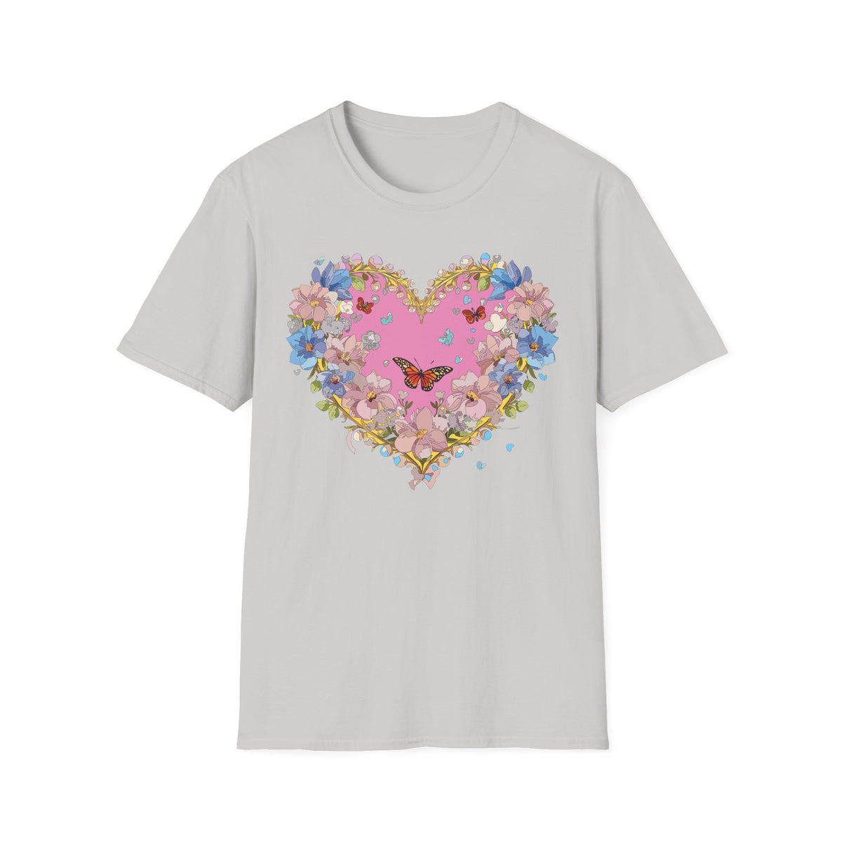Floral Heart with Butterfly T-Shirt | Pink Bloom Love Graphic Tee Unisex 100 Cotton Gildan T-Shirt