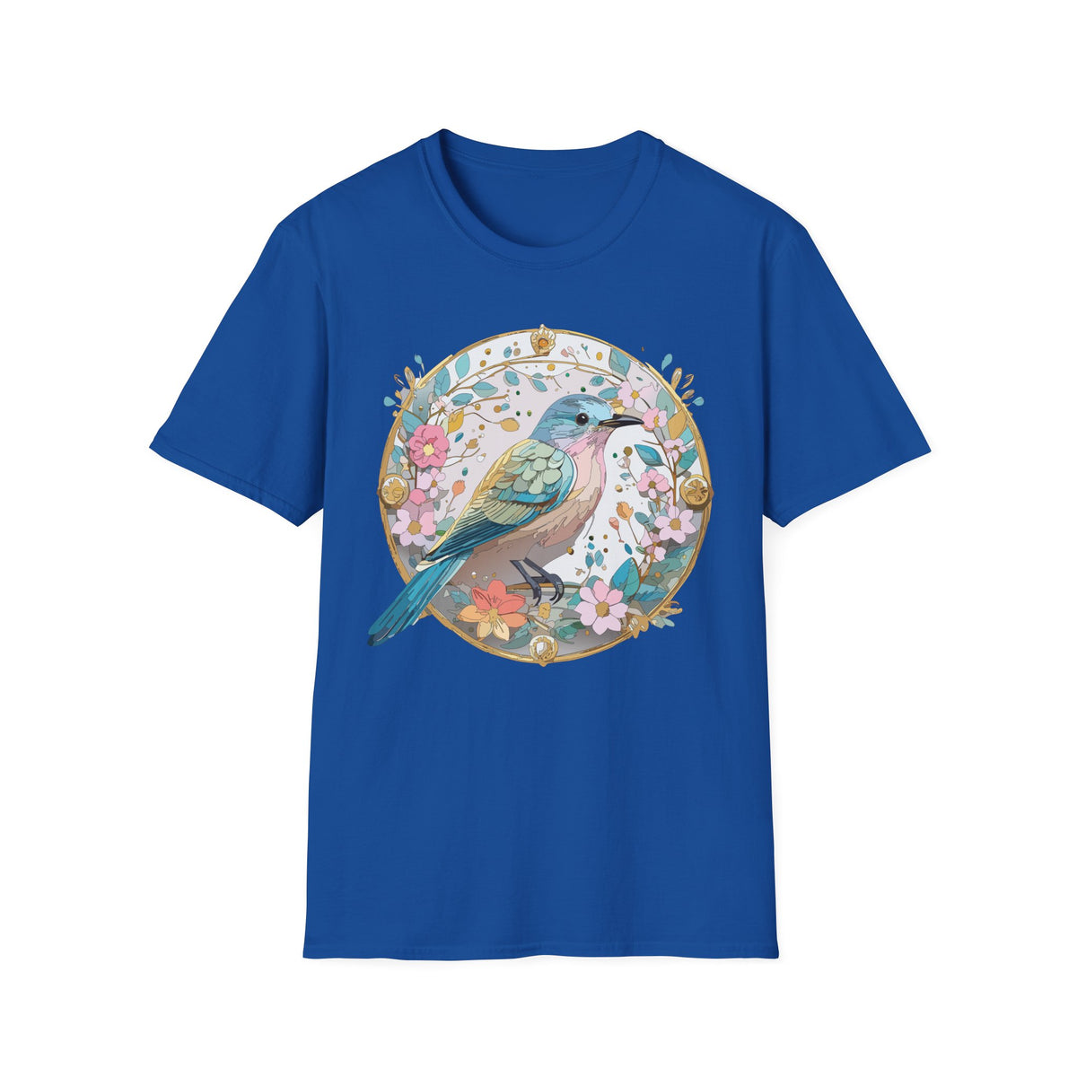 Floral Bird Illustration T-Shirt | Pastel Nature Circle Design
