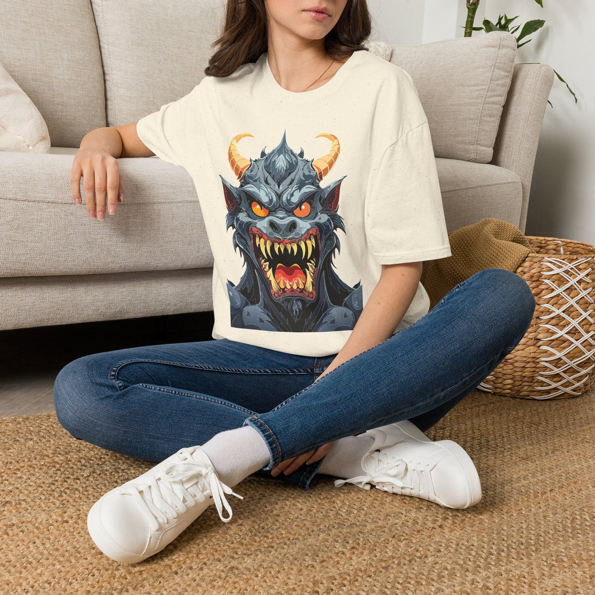 Demonic Monster Face T-Shirt — Fierce Horned Demon Cartoon Graphic Tee Unisex 100 Cotton Gildan T-Shirt