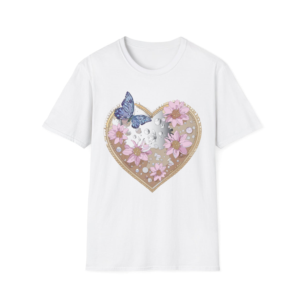 Floral Heart with Butterfly T-Shirt | Pink Flowers, Moon Phases Graphic Tee Unisex 100 Cotton Gildan T-Shirt