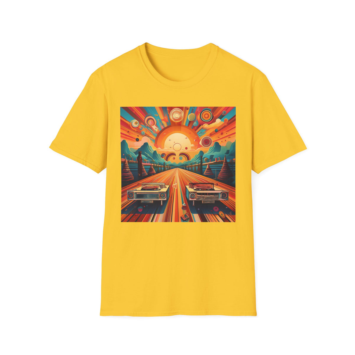 Retro Sunburst Road Trip Graphic Posters, Post Stamps Design Unisex 100 Cotton Gildan T-Shirt