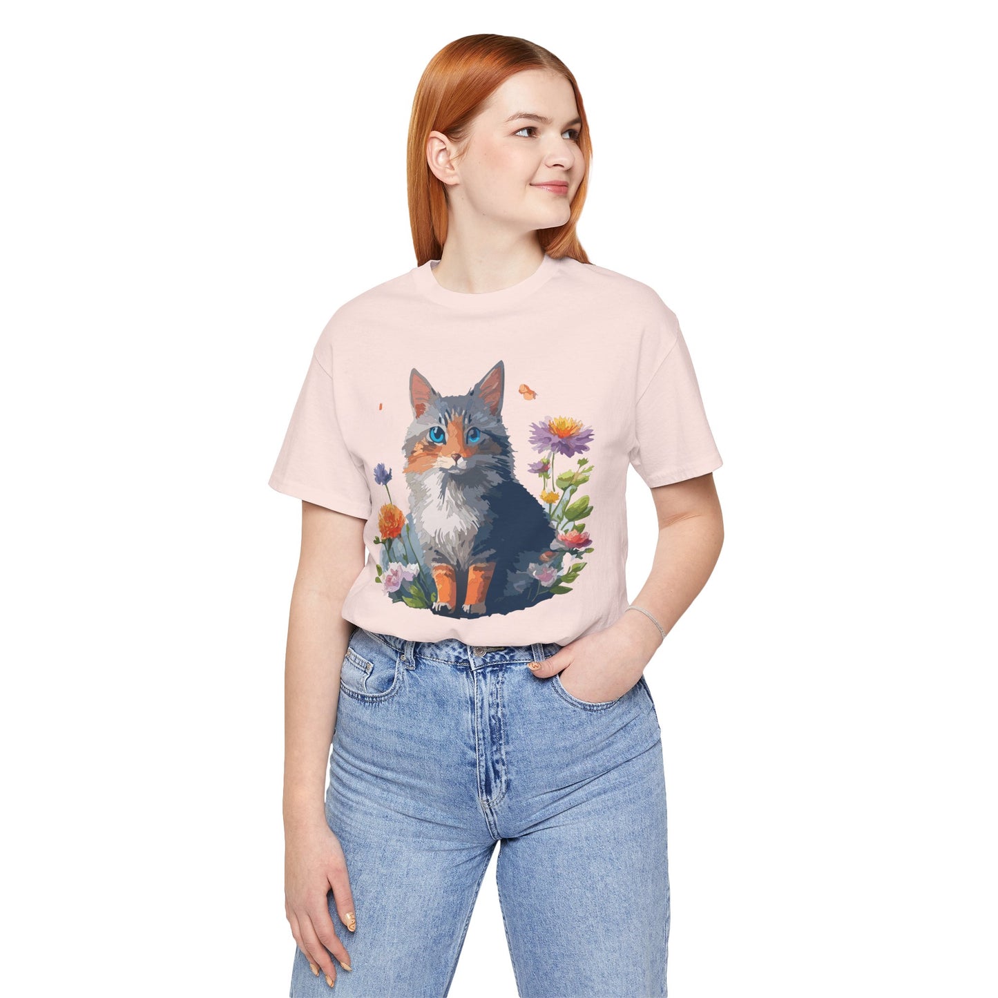 Floral Cat Tee, Animal Shirt, Cat Shirt, Floral Tee, Flower T-shirt, T-Shirt with Animal, Summer Top with Art Design