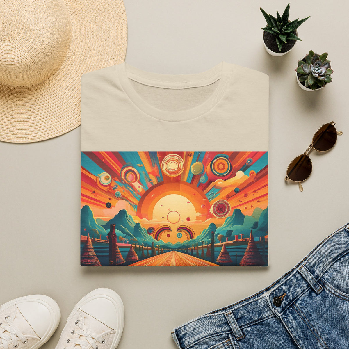 Retro Sunburst Road Trip Graphic Posters, Post Stamps Design Unisex 100 Cotton Gildan T-Shirt