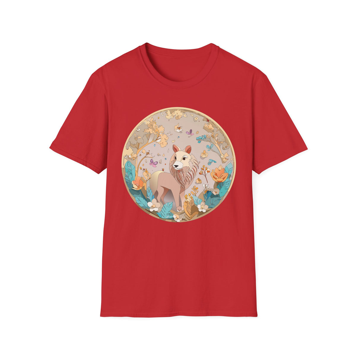 Whimsical Lion Garden Illustration T-Shirt | Floral Circle Art