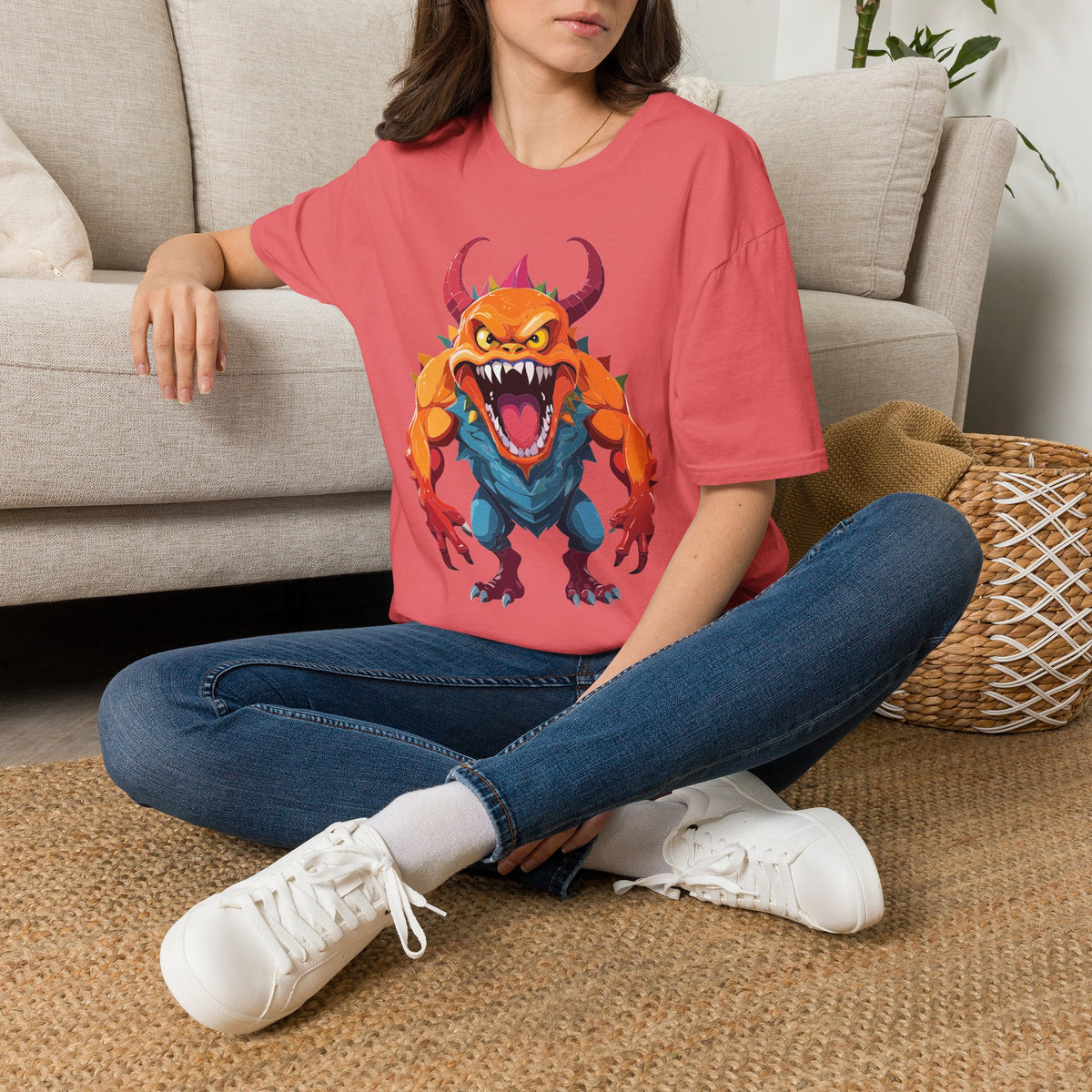 Monster Graphic T-Shirt — Fierce Orange Demon Design Cartoon Graphic Tee Unisex 100 Cotton Gildan T-Shirt