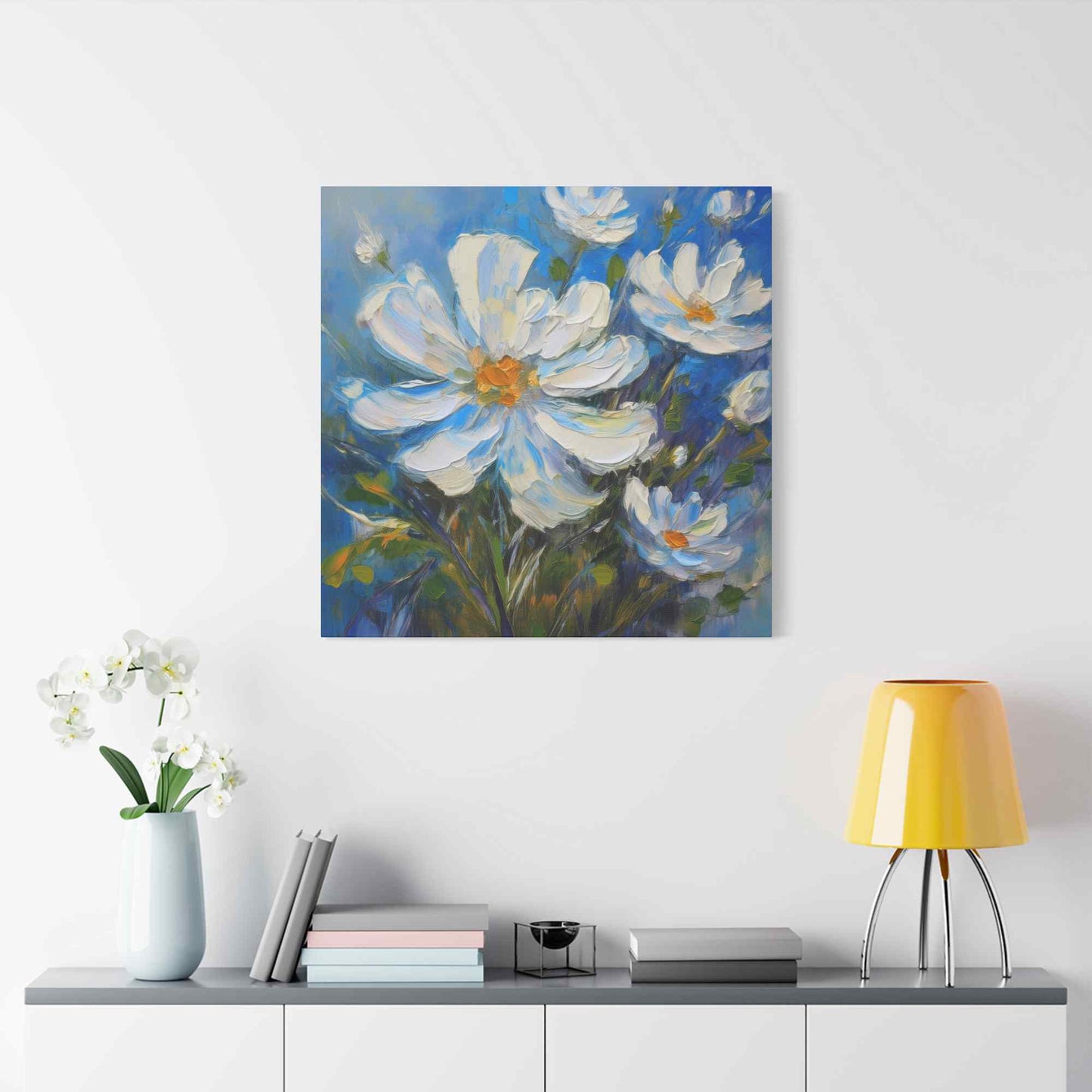 White Flowers Print Canvas, White Flowers Oil Paint Print 20x20, 24x24, 30x30, 32x32, 36x36, Art Design Print Non-Frame MC-7