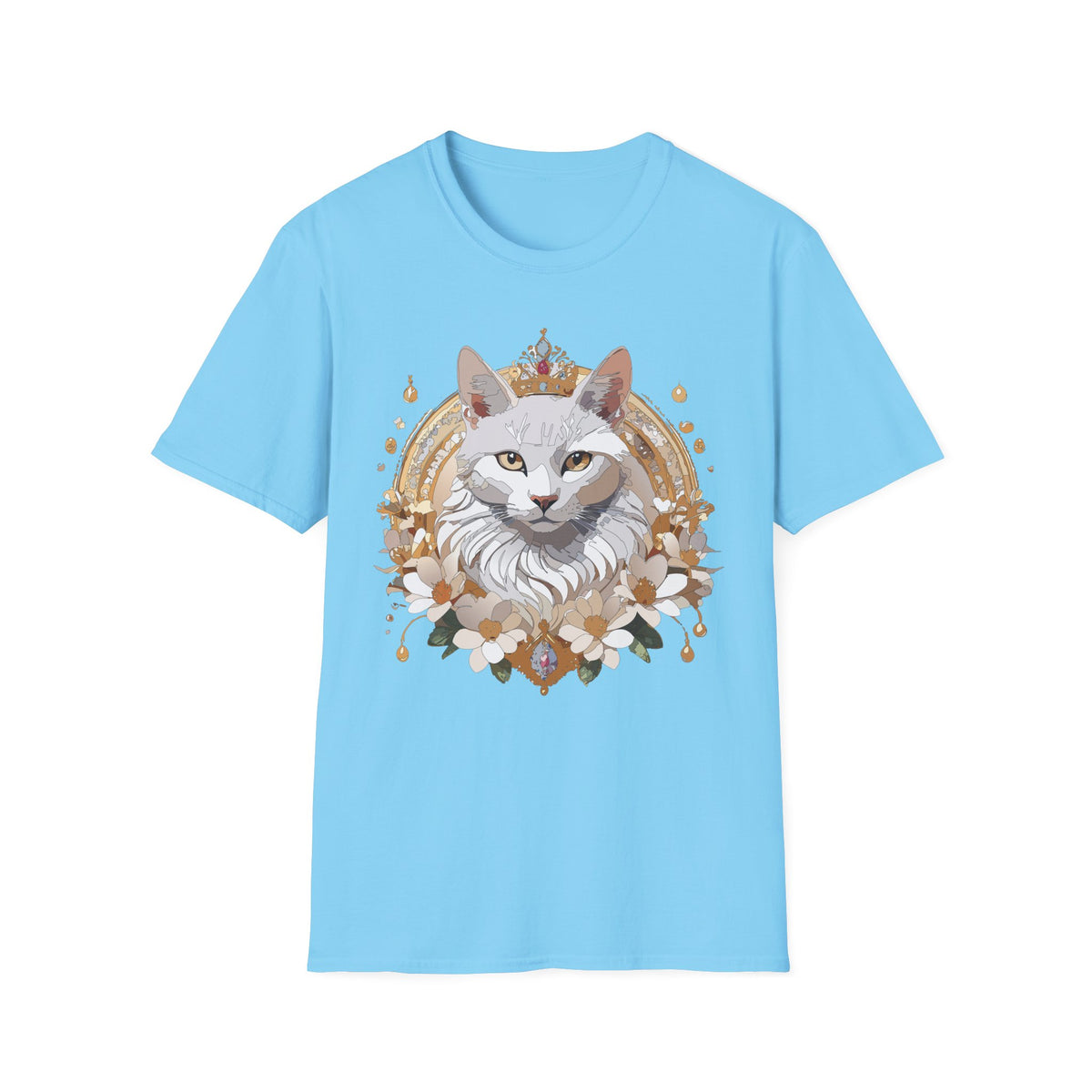 Regal White Cat Illustration T-Shirt | Crowned Feline Art