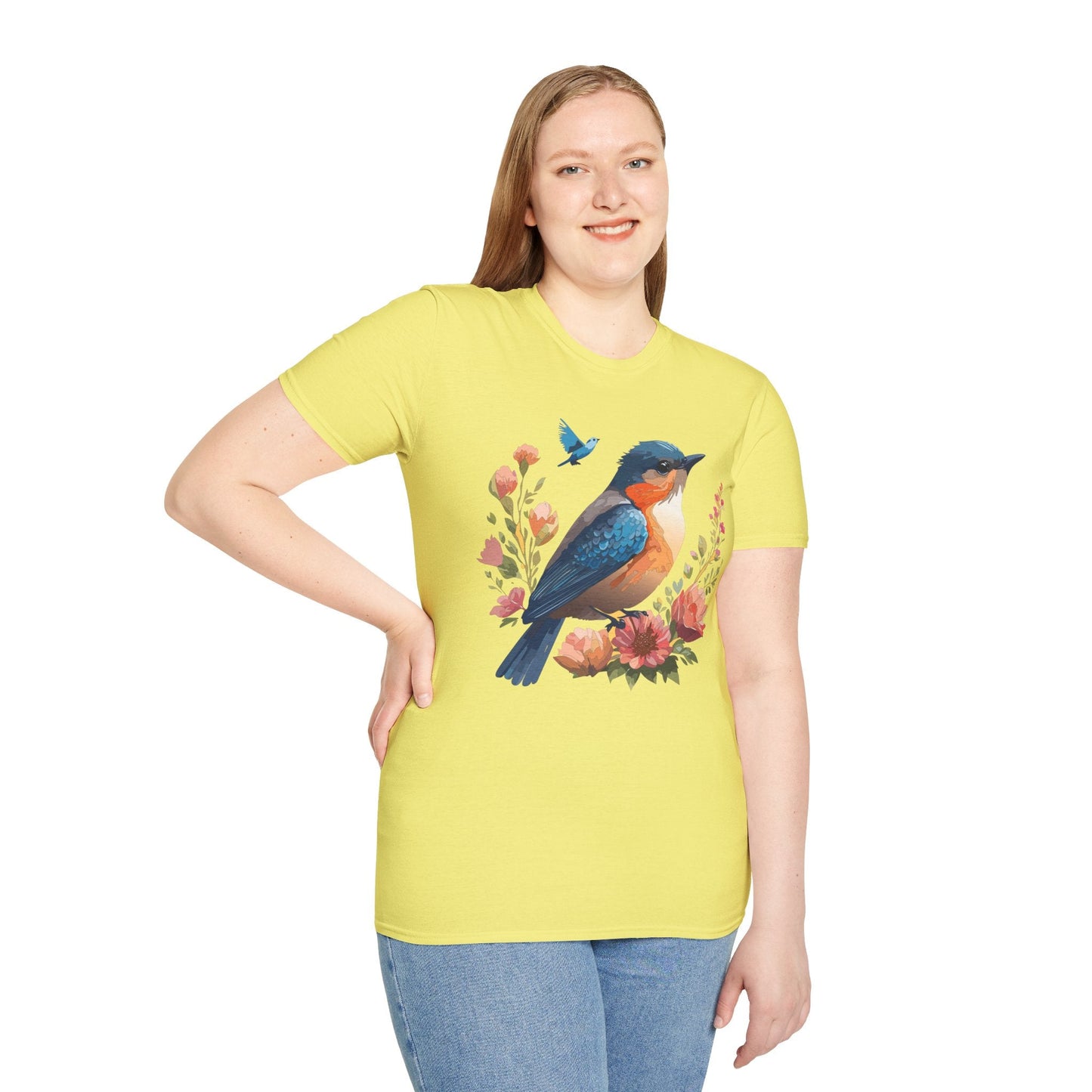 Unisex Floral Bird T Shirt Softstyle 64000 Gildan Ring Spun Cotton Tee Relaxed Fit