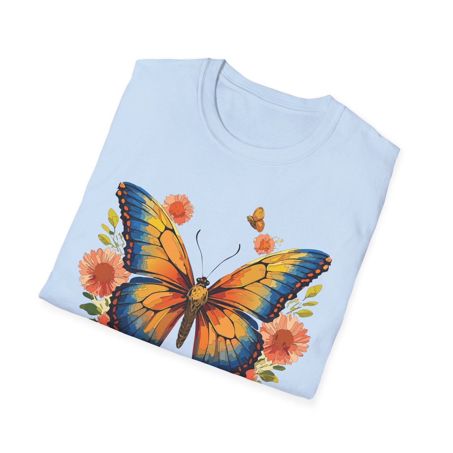 Butterfly T Shirt Unisex Softstyle Gildan 64000 Monarch Print 100 Percent Ring Spun Cotton