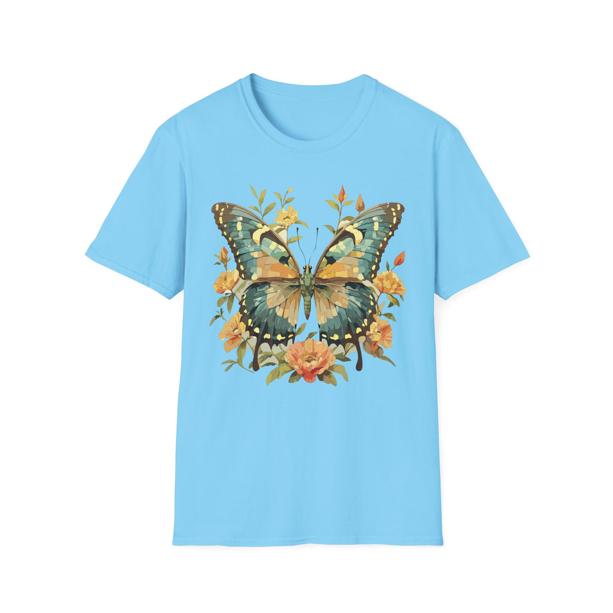 Butterfly Floral T-Shirt — Vintage Green & Gold Garden Graphic Tee Unisex 100 Cotton Gildan T-Shirt
