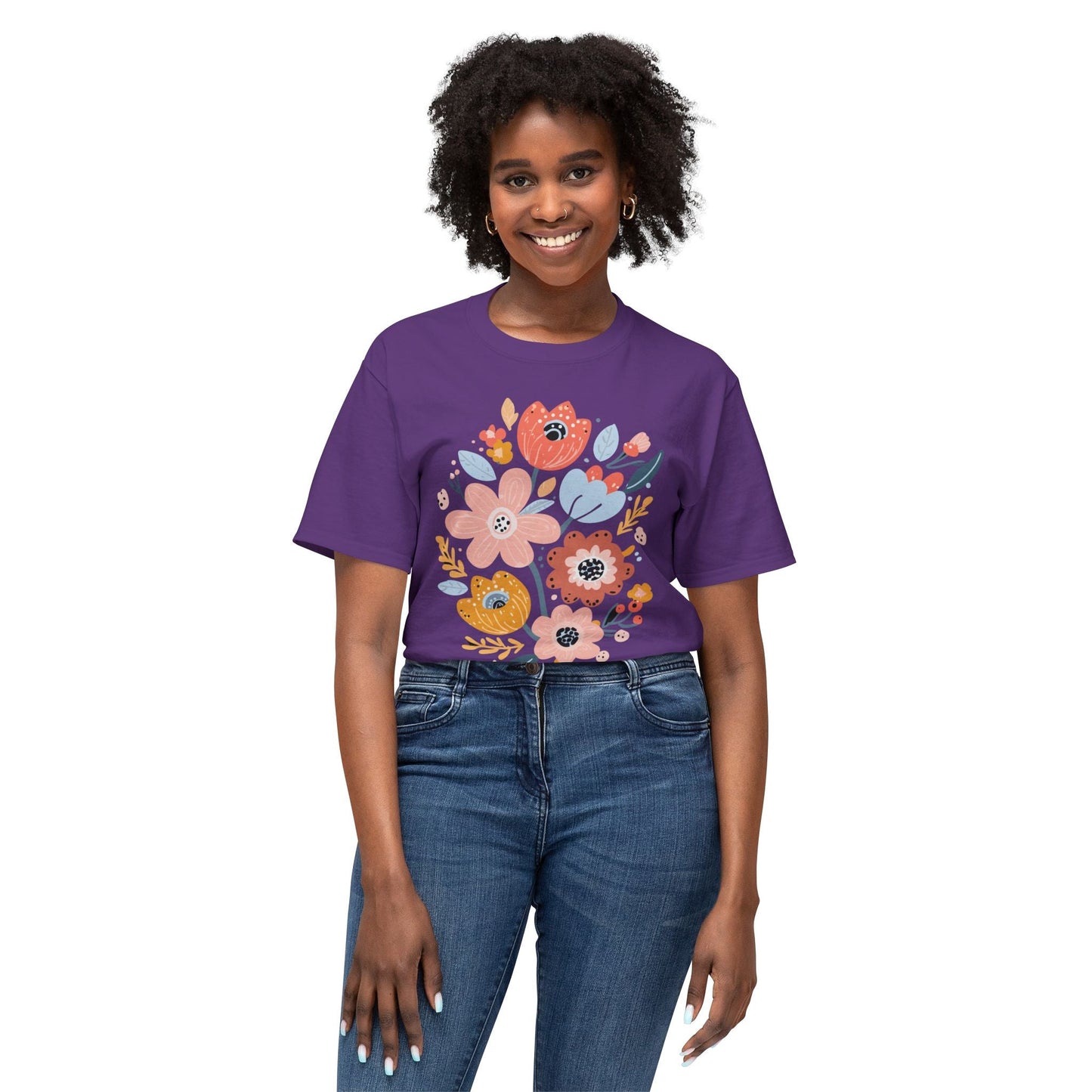 Unisex Floral Art T Shirt with Vintage Flowers Print One Hundred Percent Cotton Tee Printed In USA