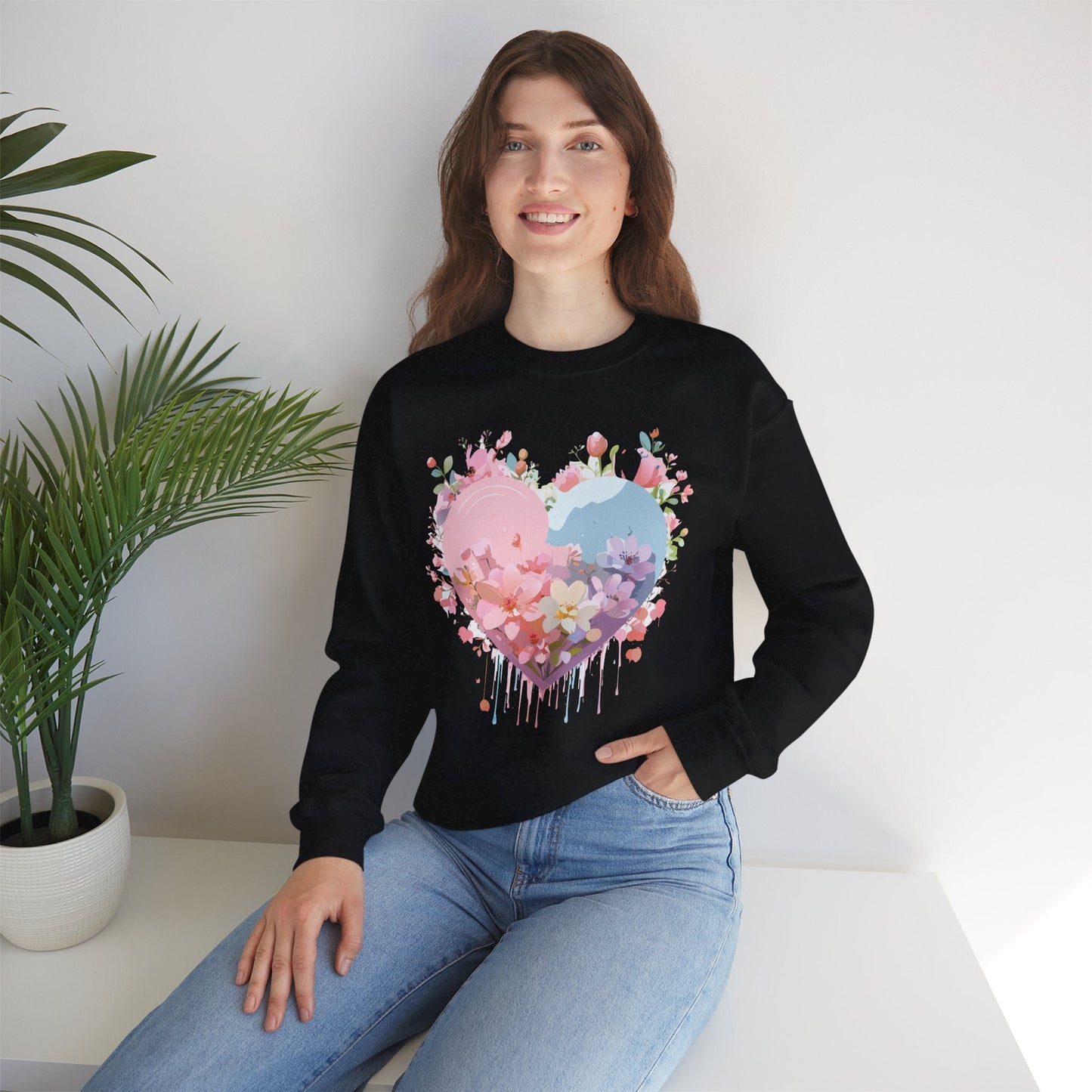 Floral Heart Sweatshirt Unisex Valentine Day Crewneck Gildan 18000 Heavy Blend Winter Wear