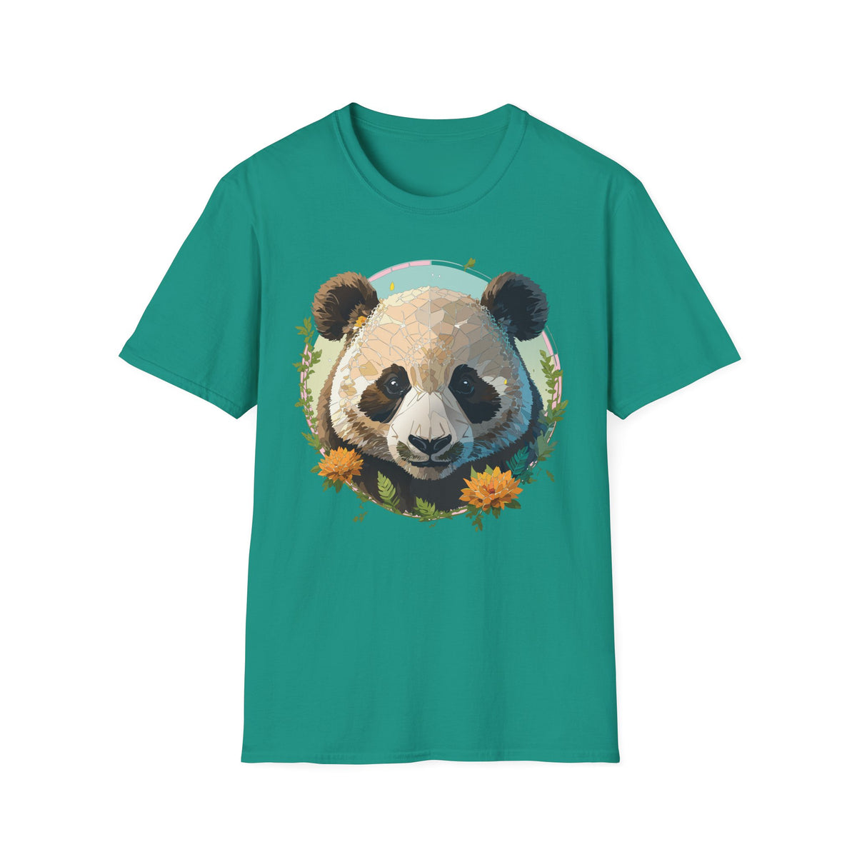 Smiling Panda Face T-Shirt | Floral Bamboo Illustration