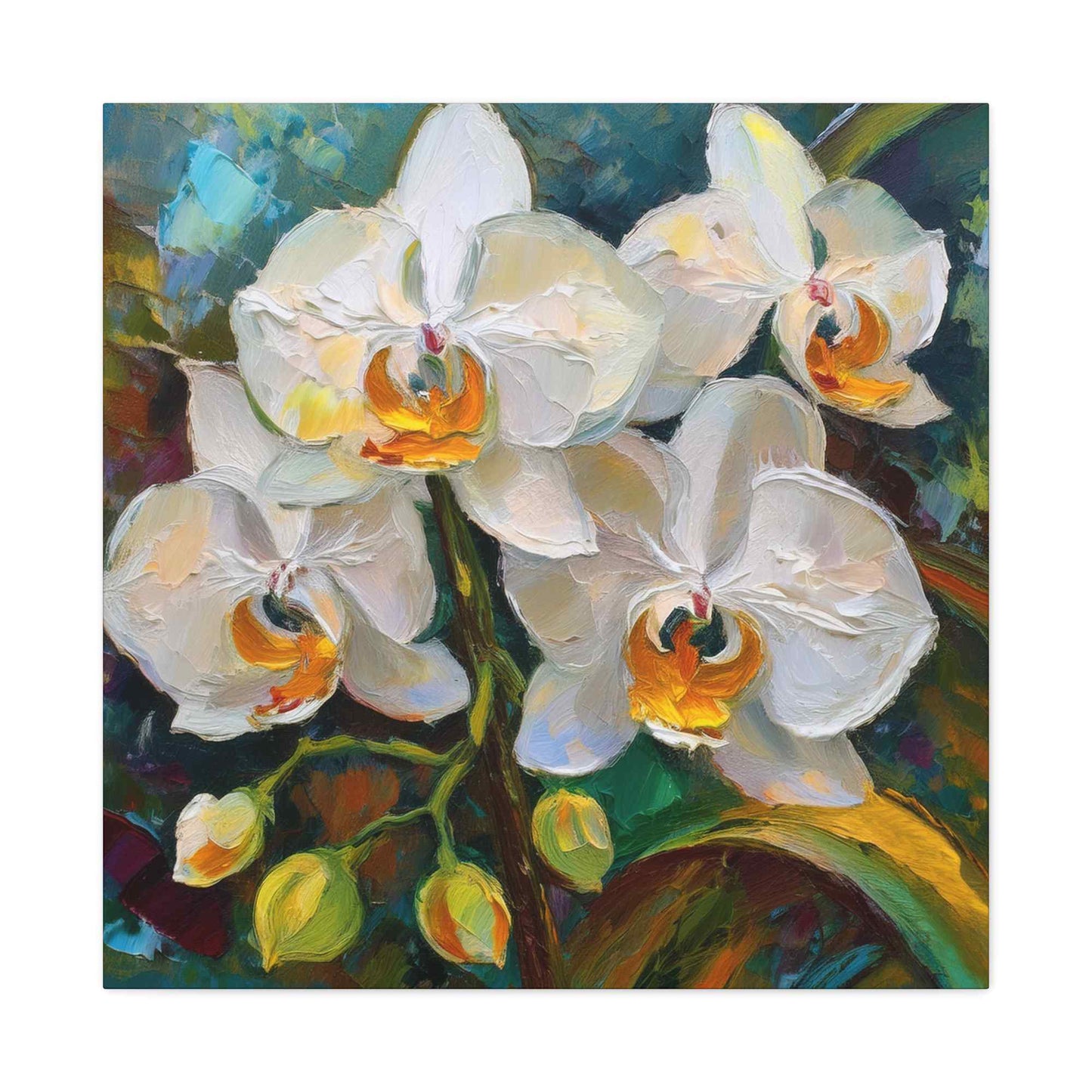 White Orchids Print Canvas, Floral Oil Paint Print 20x20, 24x24, 30x30, 32x32, 36x36 Art Design Pine-Wood Inner Frame MC-137