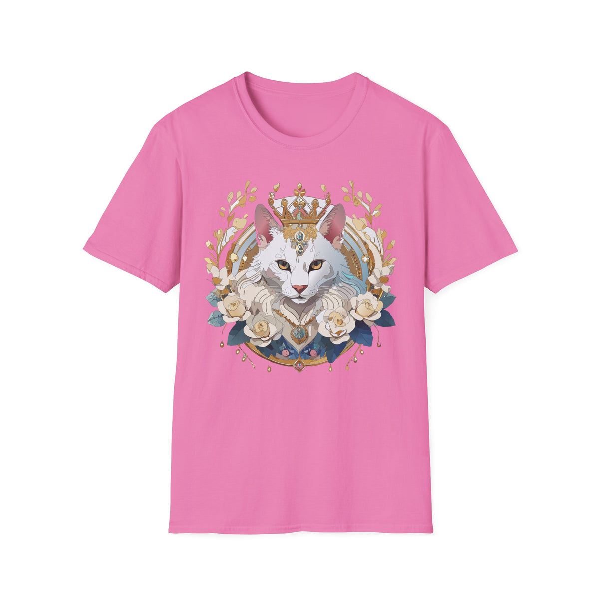 Regal White Cat Illustration T-Shirt | Crowned Feline, Floral Frame