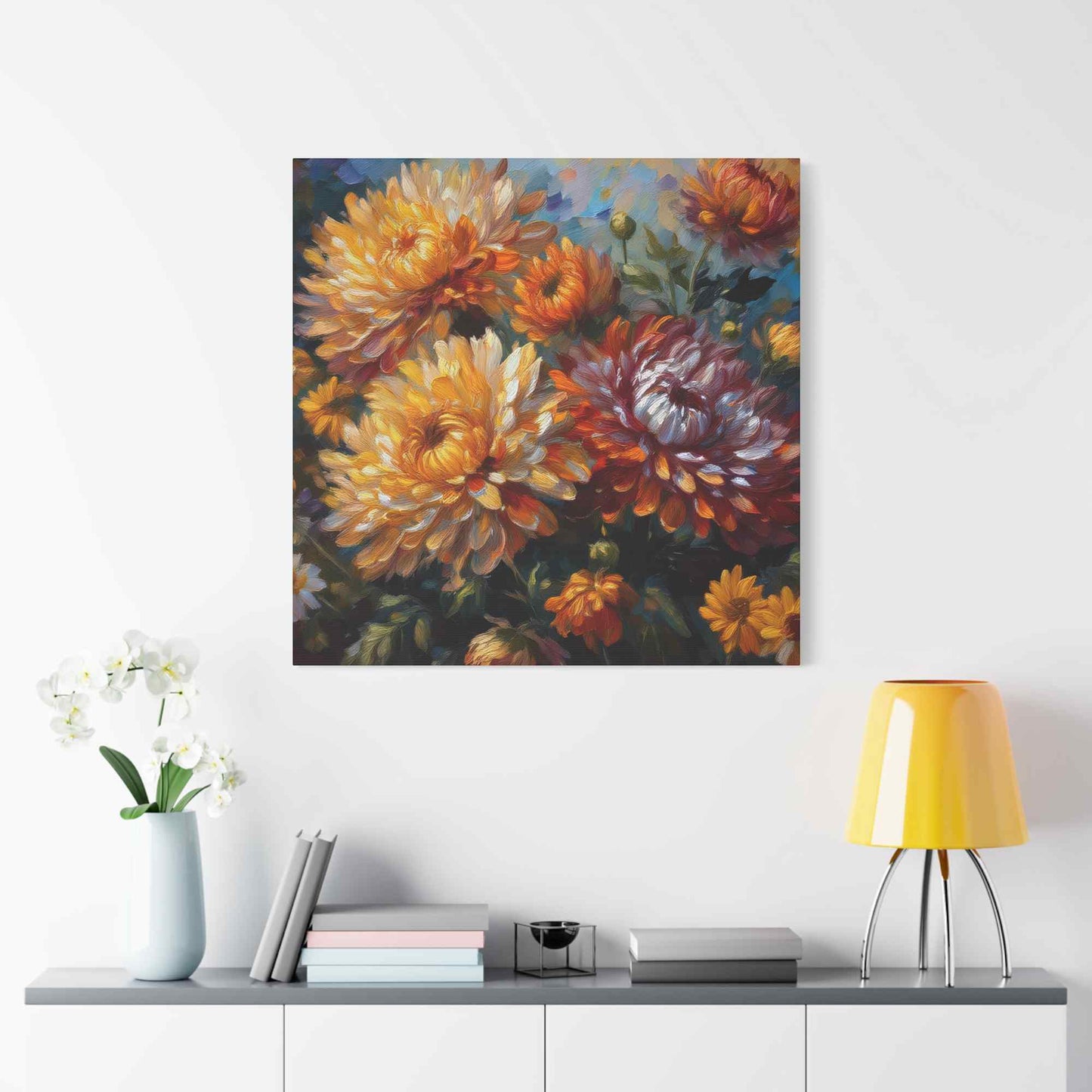 Chrysanthemums Print Canvas, Floral Oil Paint Print 20x20, 24x24, 30x30, 32x32, 36x36 Art Design Pine-Wood Inner Frame MC-157