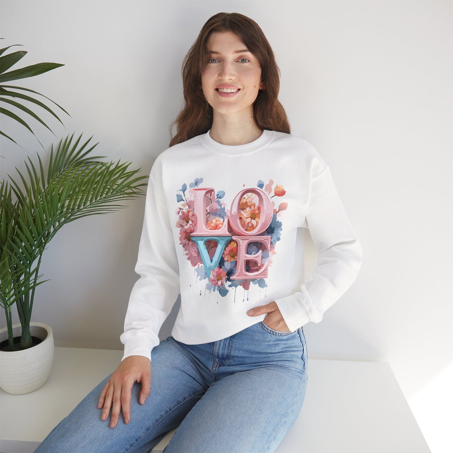 Floral Love Sweatshirt Valentines Day Unisex Heavy Blend Crewneck Gildan 18000 Cotton Polyester