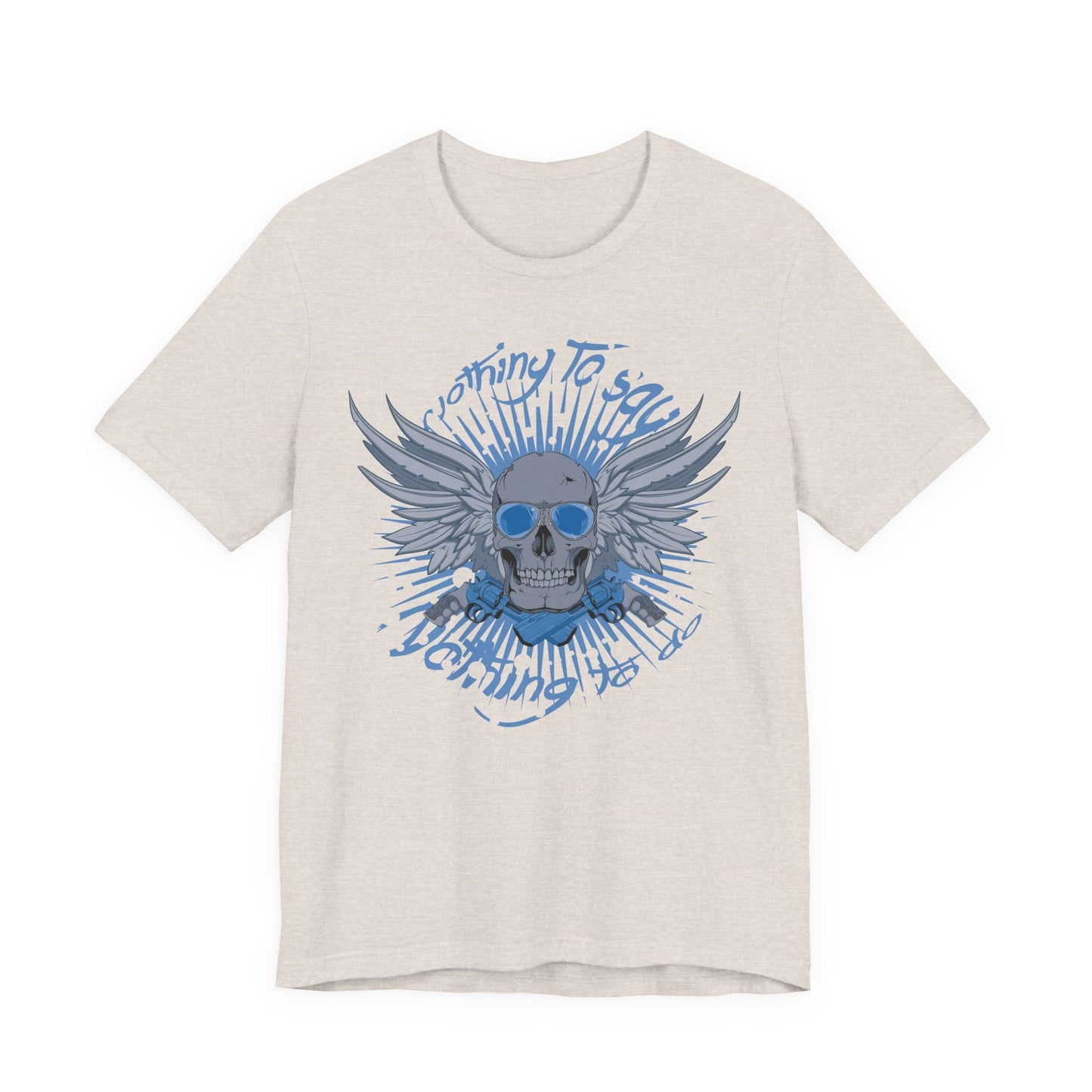 Winged Skull Graphic Tee | Blue Skull with Wings, Radiant Burst