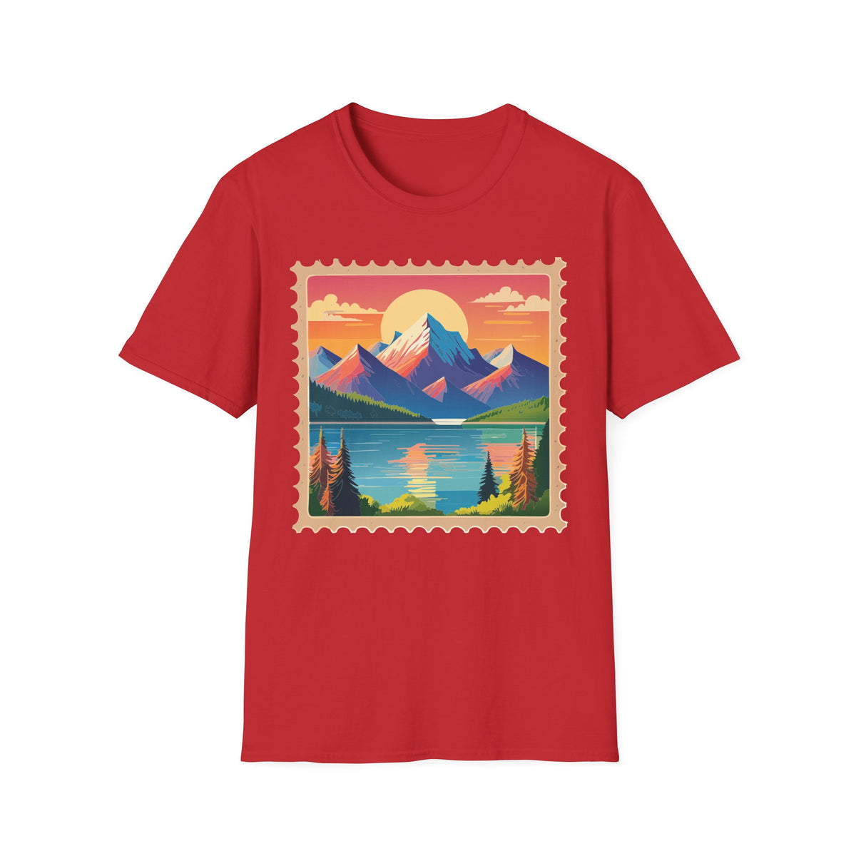 Vintage Mountain Sunset postage stamp T-Shirt | retro travel landscape