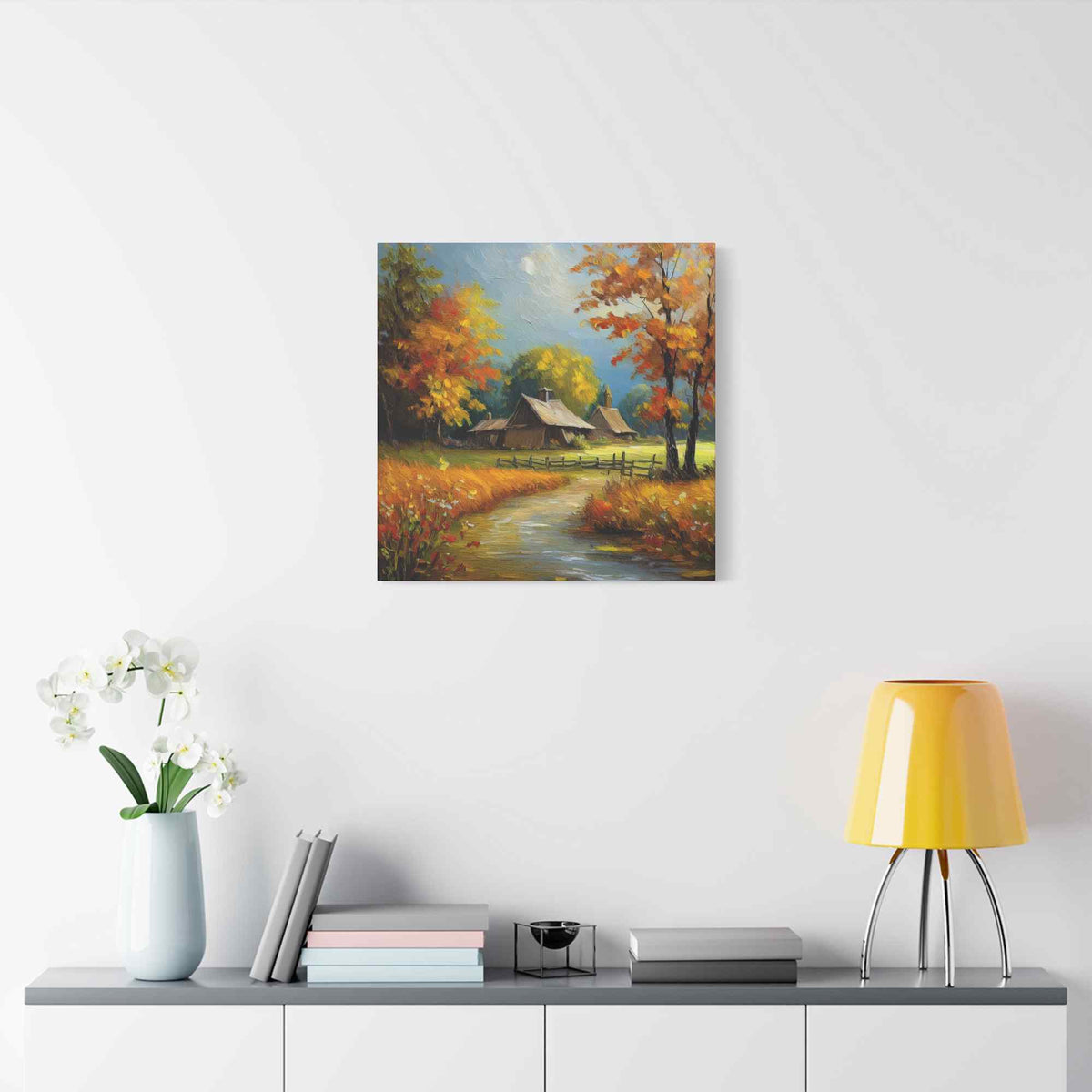 Countryside Fall Print Canvas, Oil Paint Print 20x20, 24x24, 30x30, 32x32, 36x36 Art Design Pine-Wood Inner Frame MC-105