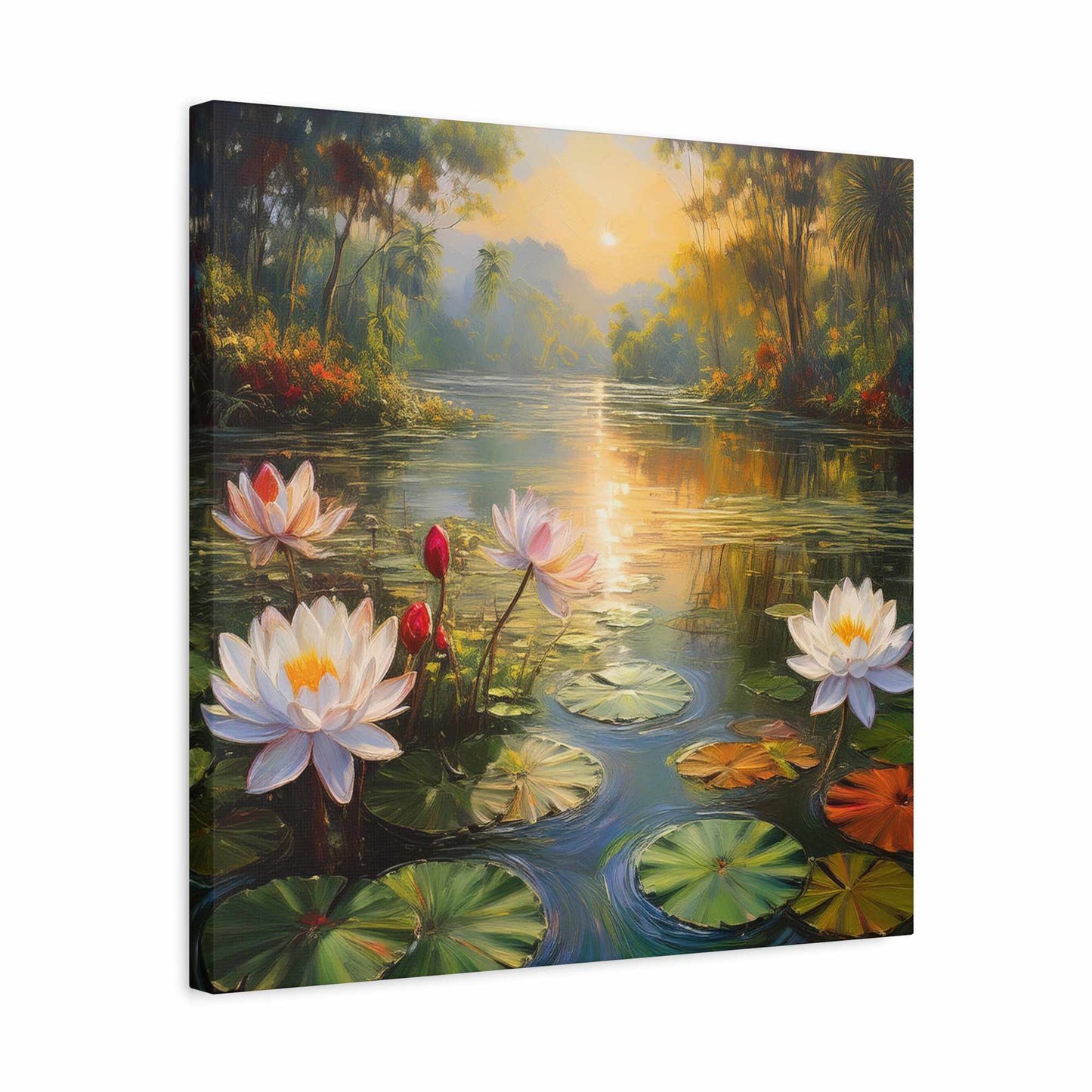 Water Lilies Print Canvas, Oil Paint Print 20x20, 24x24, 30x30, 32x32, 36x36 Floral Art Print Pine-Wood Inner Frame MC-65