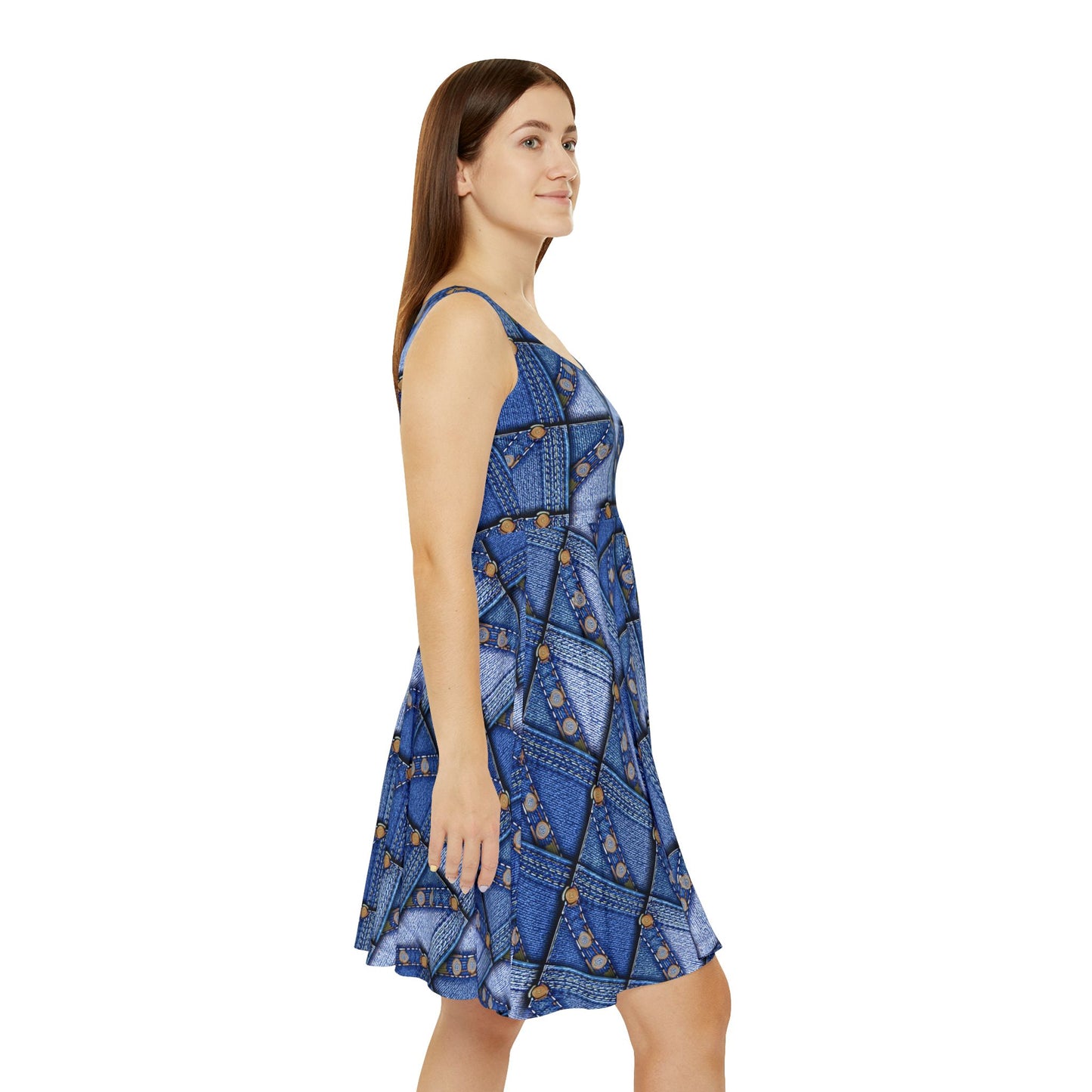Women Denim Print Skater Dress, Denim Print Poly-Span Dress - 30